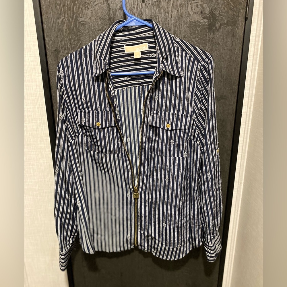 Cute blue and white, nautical themed, zip up blouse. Michael Kors size L.